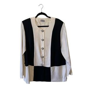 1980s Vintage 2XL long sleeve button down blouse Cruella de Vil white black